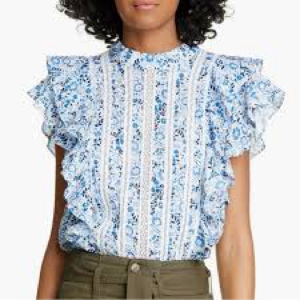 Veronica Beard Blue and White Floral Cotton Blouse Size 4 EUC